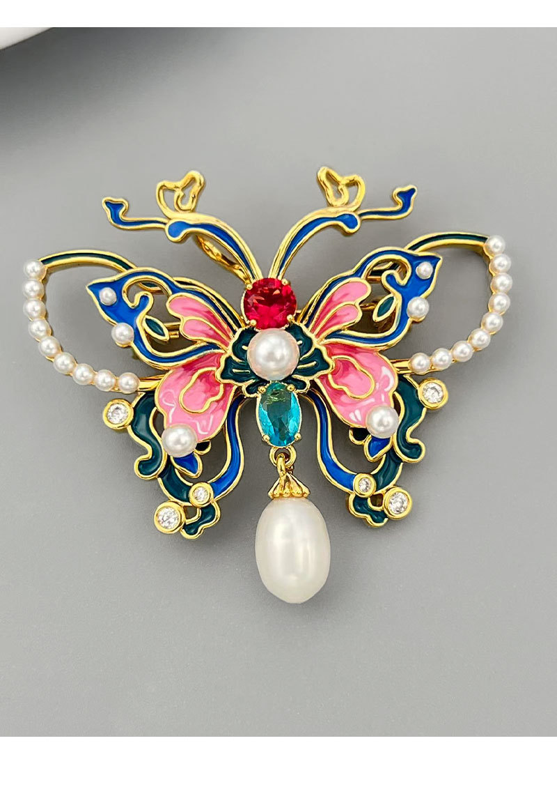 Exquisite national trend enamel butterfly pearl brooch with a fashionable and high-end feel, copper alloy inlaid zircon dress brooch pic 13