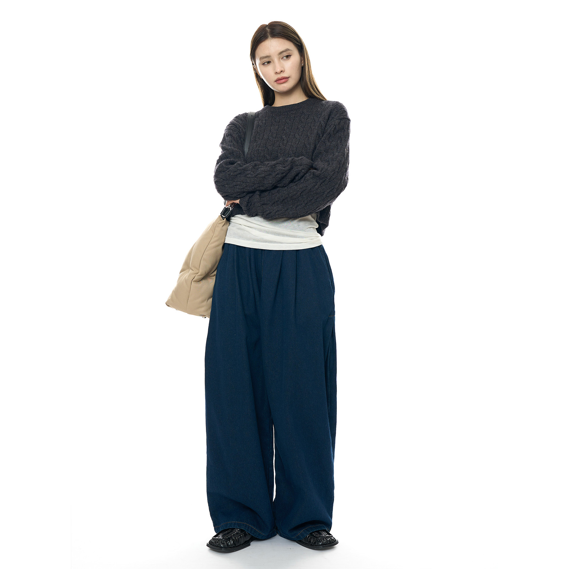 Dark blue high-waisted denim wide-leg pants for women, retro checkered pattern pants, bronze earthy warm pants for autumn and winter pic 5