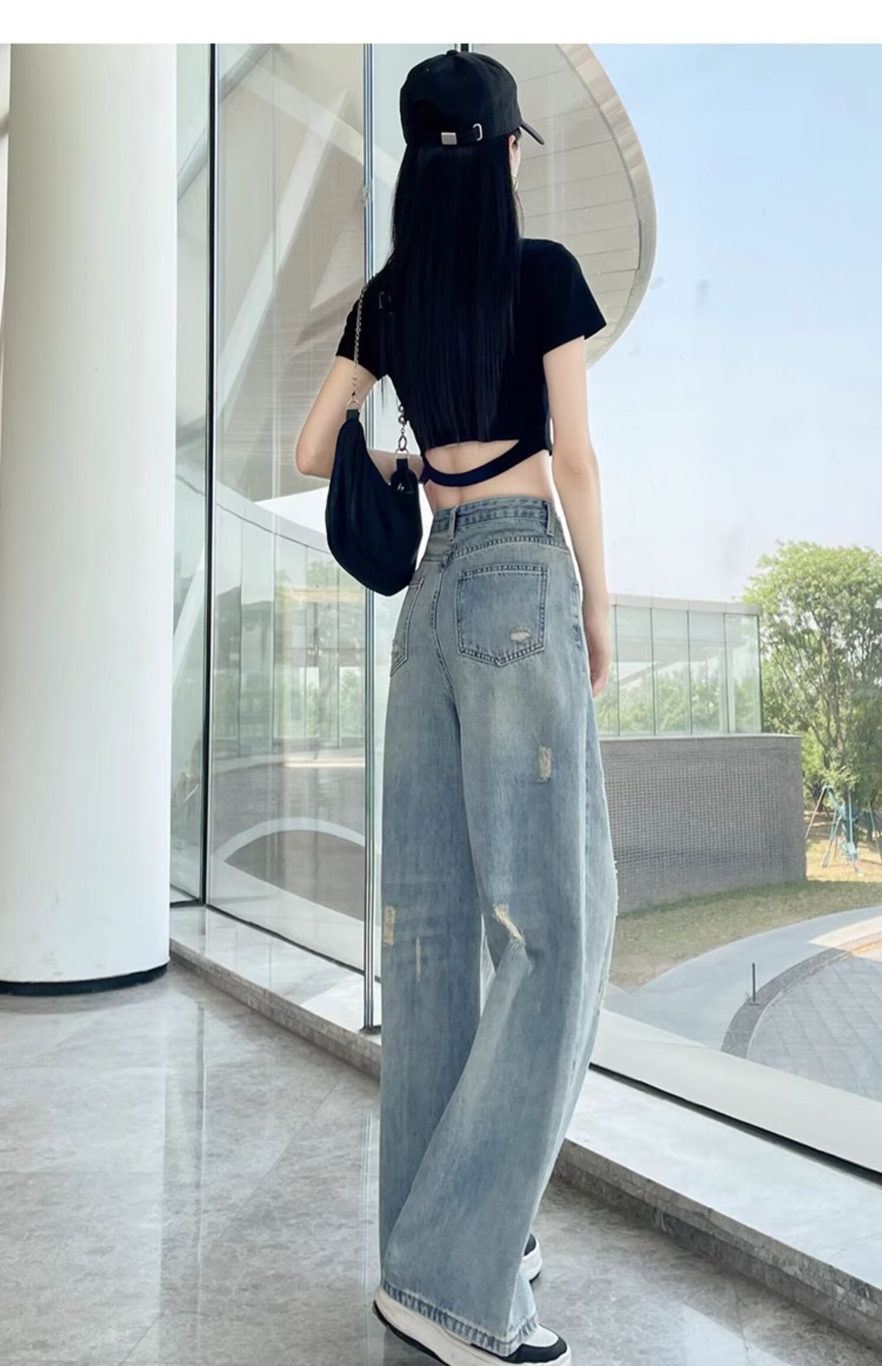 大码复古水洗磨白牛仔裤女春秋新款高腰胖mm宽松显瘦阔腿拖地裤子详情18