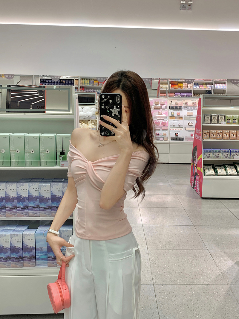 雅姿欣设计感白色短袖T恤两穿修身辣妹百搭显瘦内搭上衣女一字肩详情10