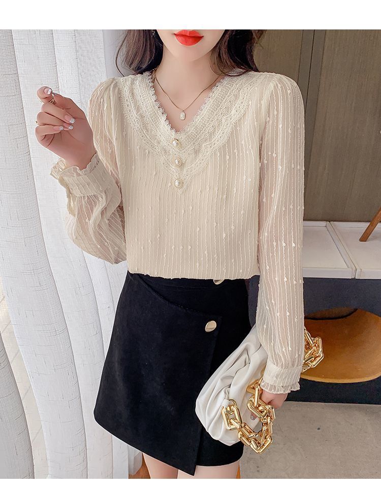 秋季新款长袖雪纺衫漂亮小衫气质上衣女蕾丝v领打底衫详情19