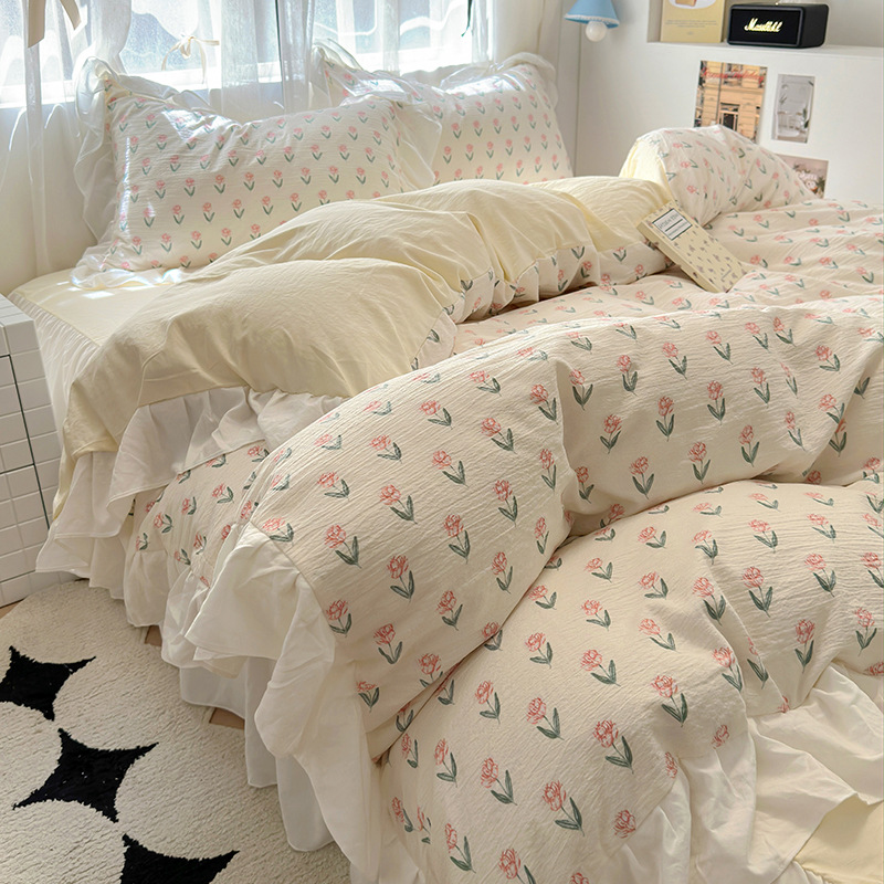 French romantic princess-style lace washed cotton four-piece set, small floral skin-friendly quilt cover, dormitory three-piece set, bed skirt style pic 1