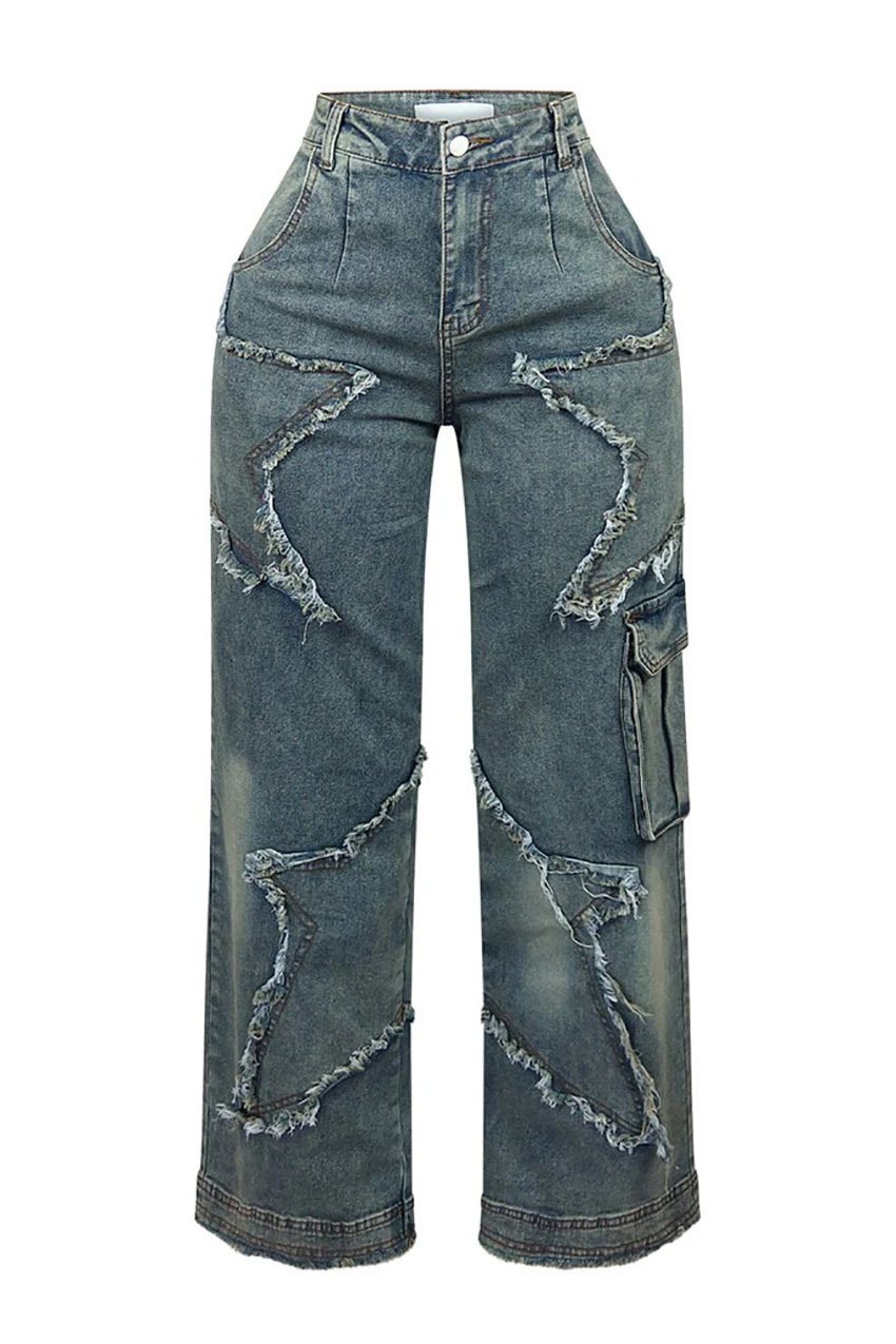 Transfronterizo europeo americano patchwork nicho diseño jeans chica caliente flecos pentacle flojo pantalones rectos pic 3