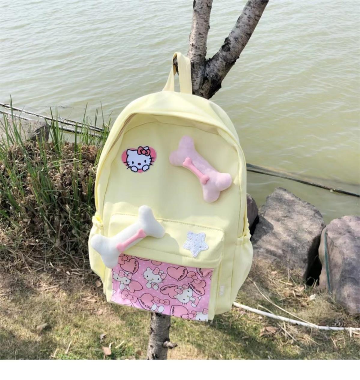 辣妹设计感背包可爱卡通猫猫骨头大容量清新黄色书包大学生双肩包详情19