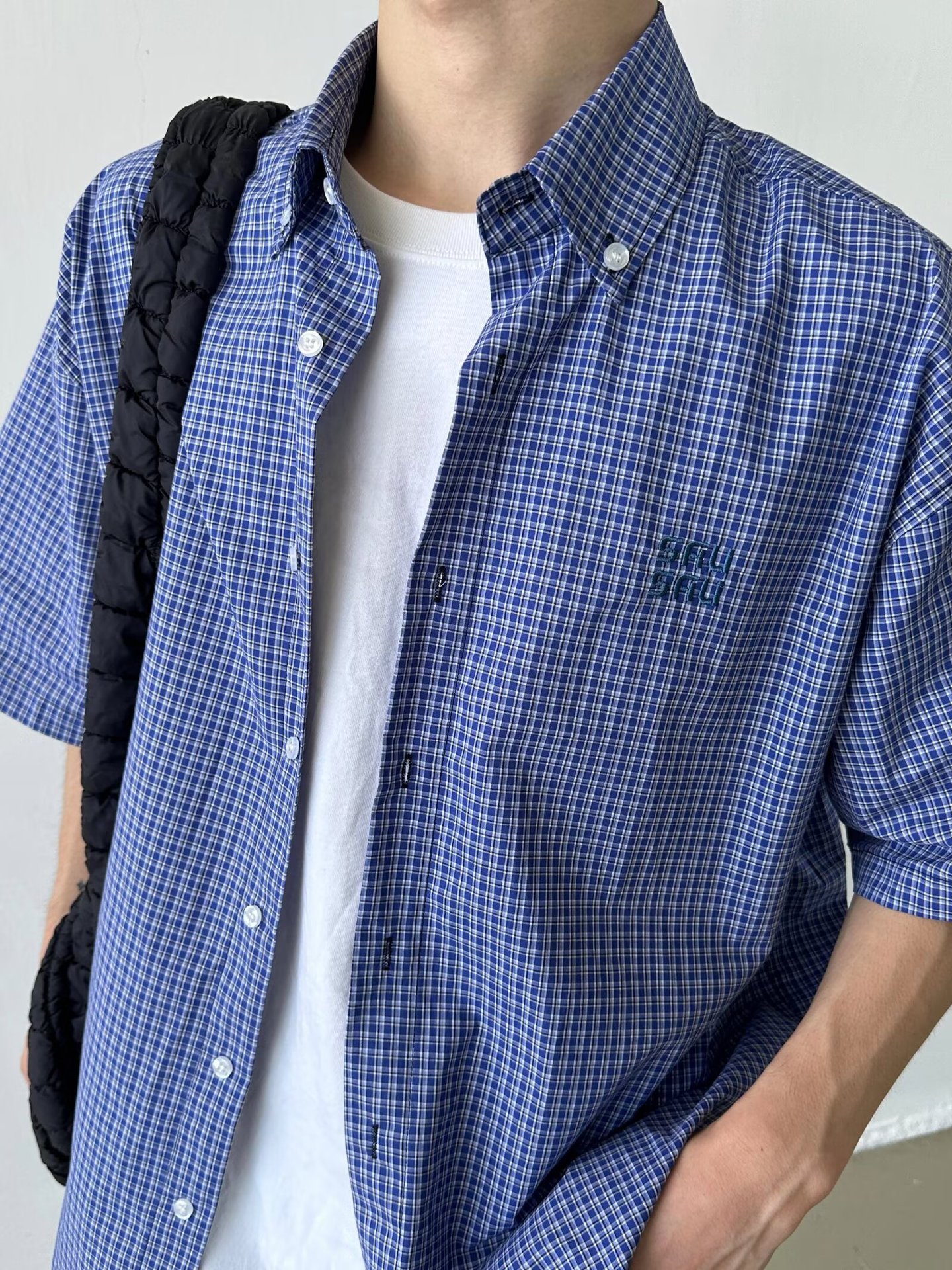 cleanfit blue checkered shirt for men, short-sleeved summer five-quarter sleeve shirt, a trendy brand with a high-end look pic 15