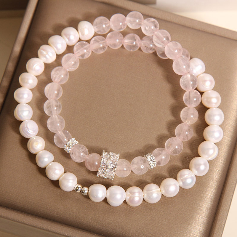 New Chinese-style pink crystal bracelet for women, light luxury, niche and exquisite natural pearl double-loop layered bracelet, high-end jewelry pic 5