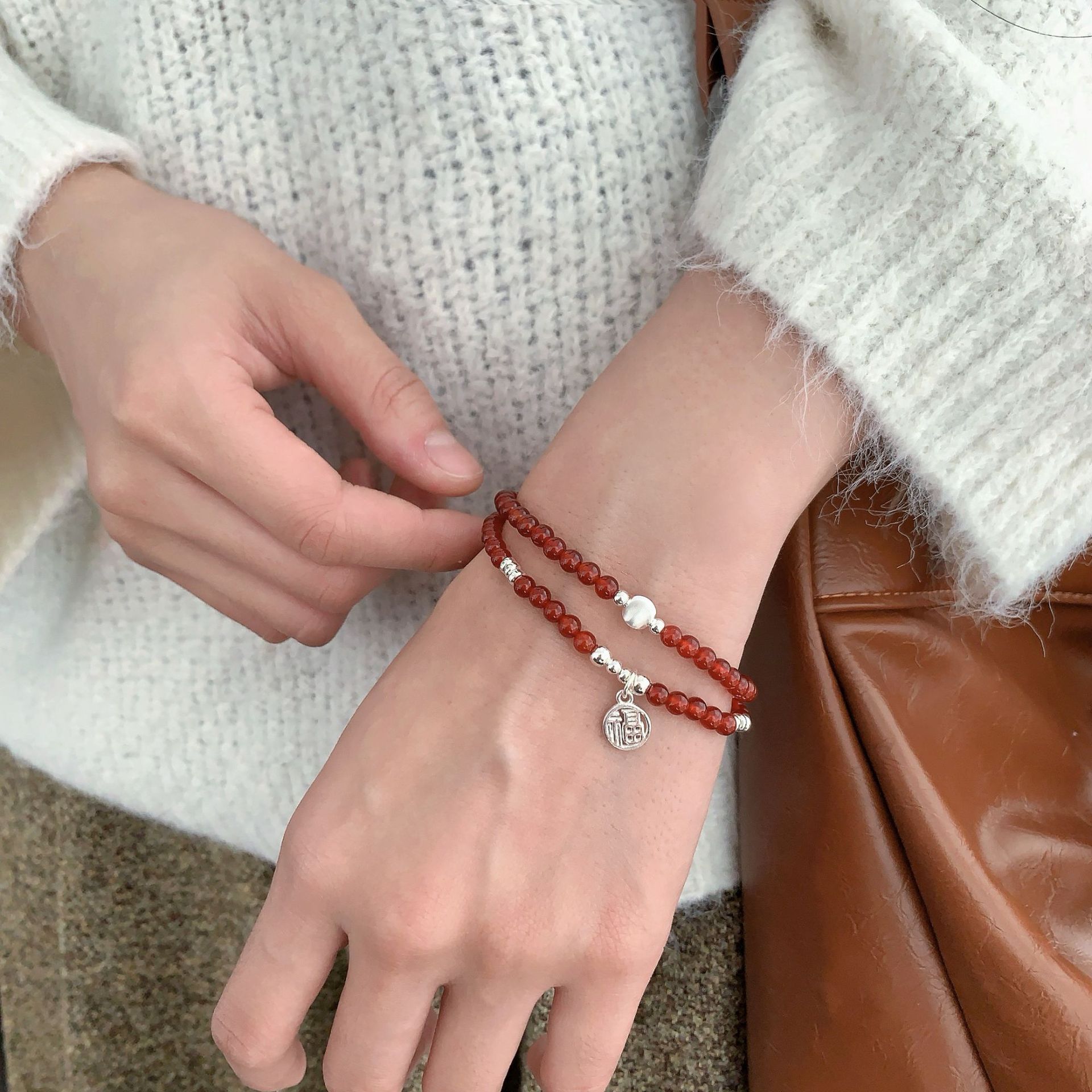 S925 sterling silver 11.27 Fupai red agate cat eye bead bracelet for women, a new Chinese-style niche high-end double-loop bracelet pic 9