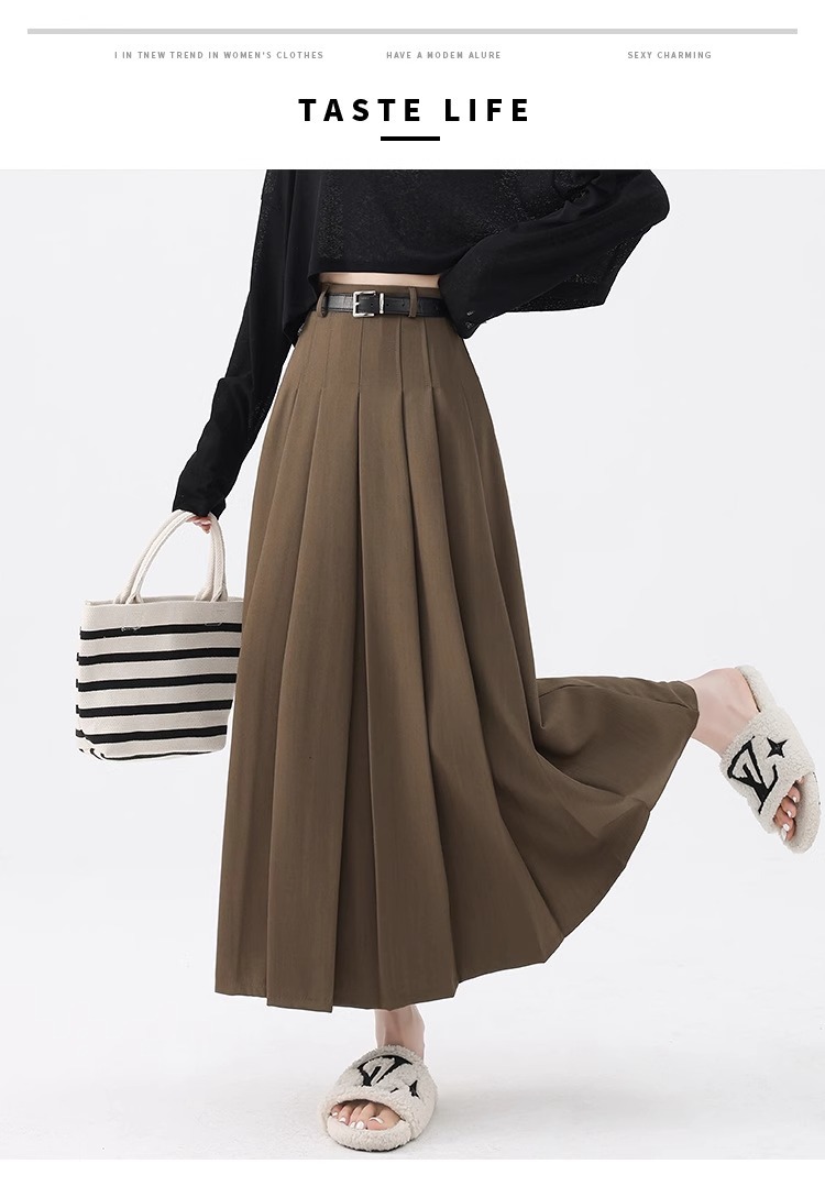 灰色半身裙女2025夏季新款高腰遮胯A字伞裙中长款春秋西装百褶裙详情29