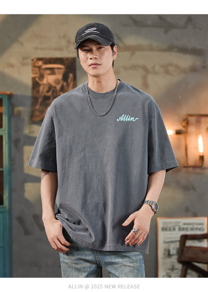 ALLIN pure cotton heavy-duty short-sleeved T-shirt for men, a summer trendy brand with three-dimensional printed letters and loose round-neck couple tops pic 11