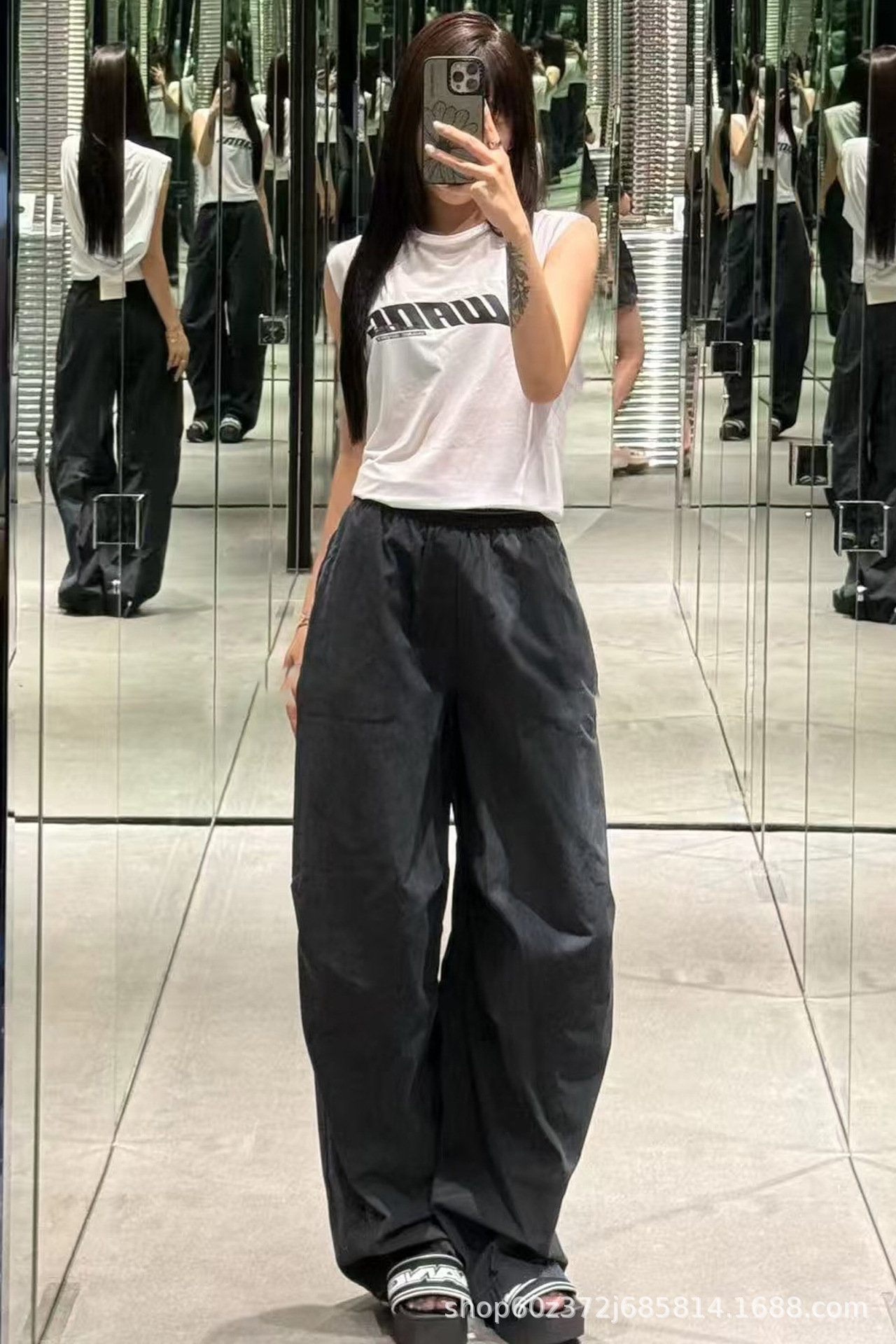 2025早秋新款小众设计美式复古松紧腰宽松直筒显瘦百搭阔腿裤女详情2