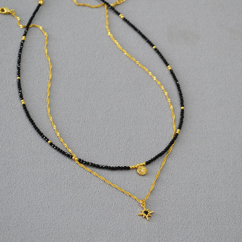 法式小众设计复古黑尖晶串珠星星吊坠双层链条叠戴简约气质项链女详情12