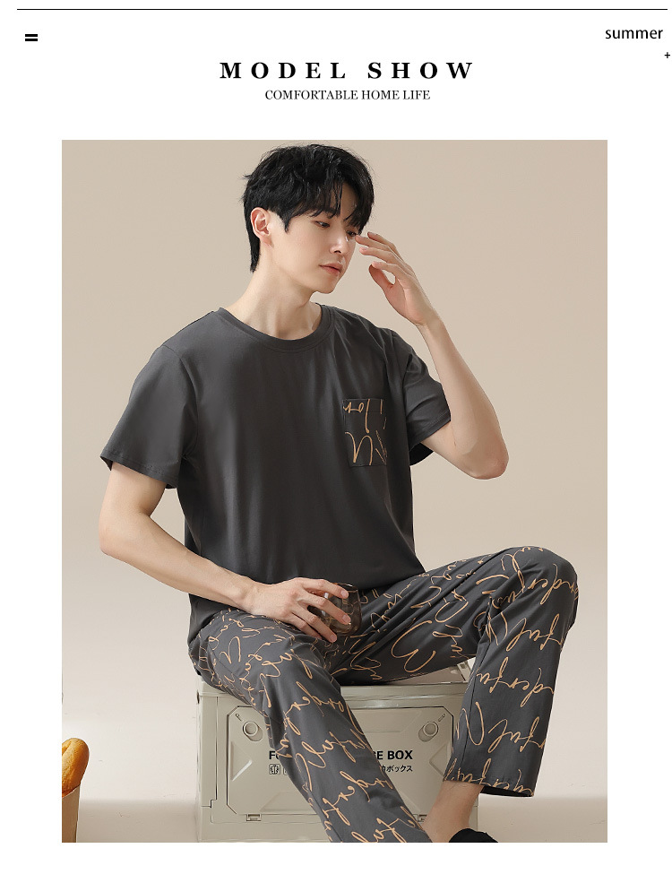 Summer pure cotton pajamas for men, cartoon casual short-sleeved shirts and long pants, pure cotton comfortable home wear, summer youth student set pic 105