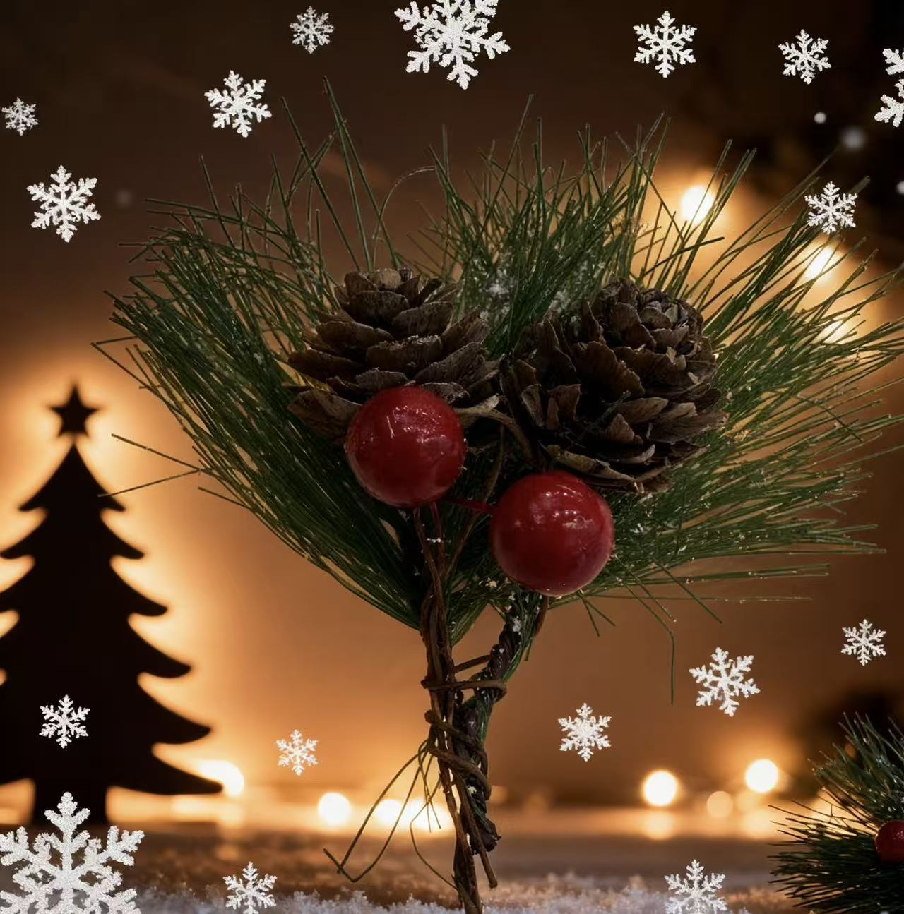 Cross-border new products: Christmas pine needle flower branches, pinecone red fruit decorative cuttings, DIY flower bouquet materials and accessories pic 2