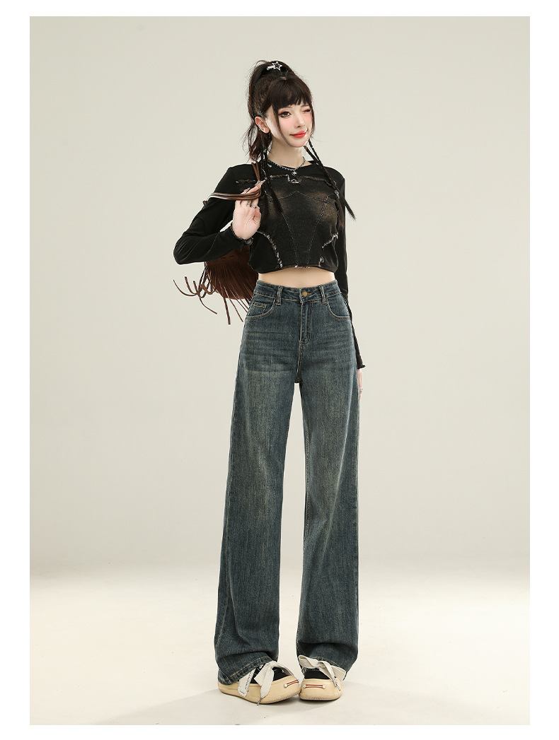 怀旧蓝直筒裤牛仔裤女秋季2025新款高腰显瘦垂感宽松窄版阔腿裤子详情24