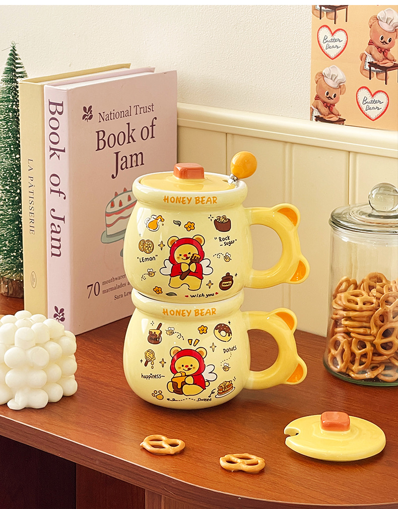 Cute honey bear ceramic cup, large-capacity covered spoon mug, high appearance level water cup, birthday gift and souvenir pic 10