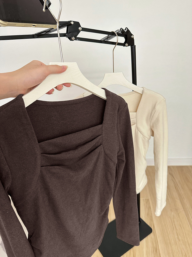 磨毛长袖t恤女秋冬内搭修身方领锁骨德绒打底衫短款上衣2024新款详情13