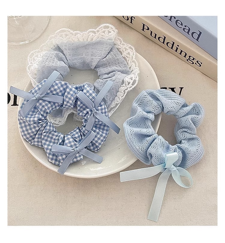 蓝色小清新蝴蝶结大肠发圈女蕾丝花边扎高马尾发绳高颜值皮筋头绳详情16