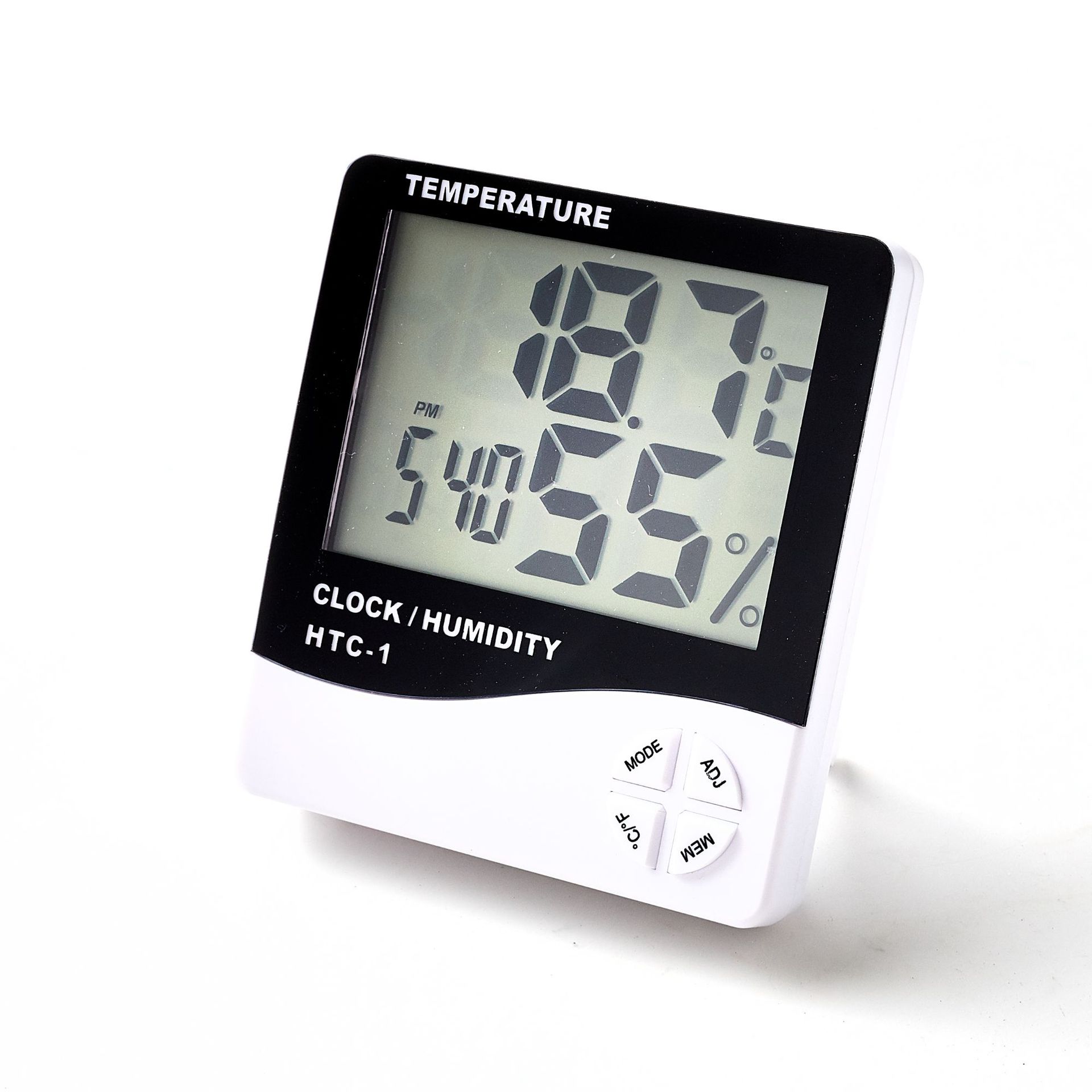 Factory direct supply of HTC-1 indoor electronic thermometer alarm clock, creative home large-screen temperature and humidity meter gift pic 3