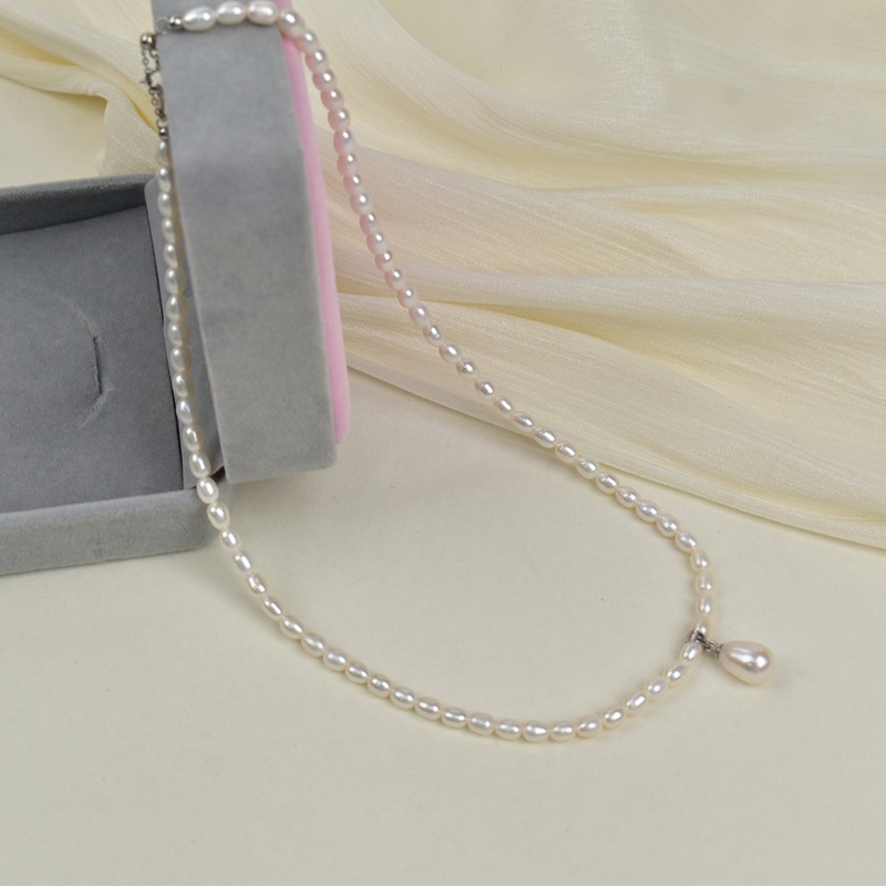 天然淡水珍珠米珠项链女925银优雅简约水滴吊坠珍珠颈链毛衣链详情8