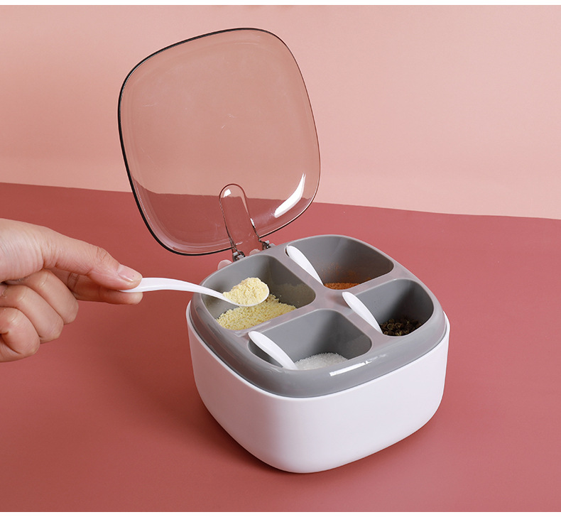 四格调料盒厨房用品撞色透明盖子带勺子按压式调味盒放盐味精佐料详情15