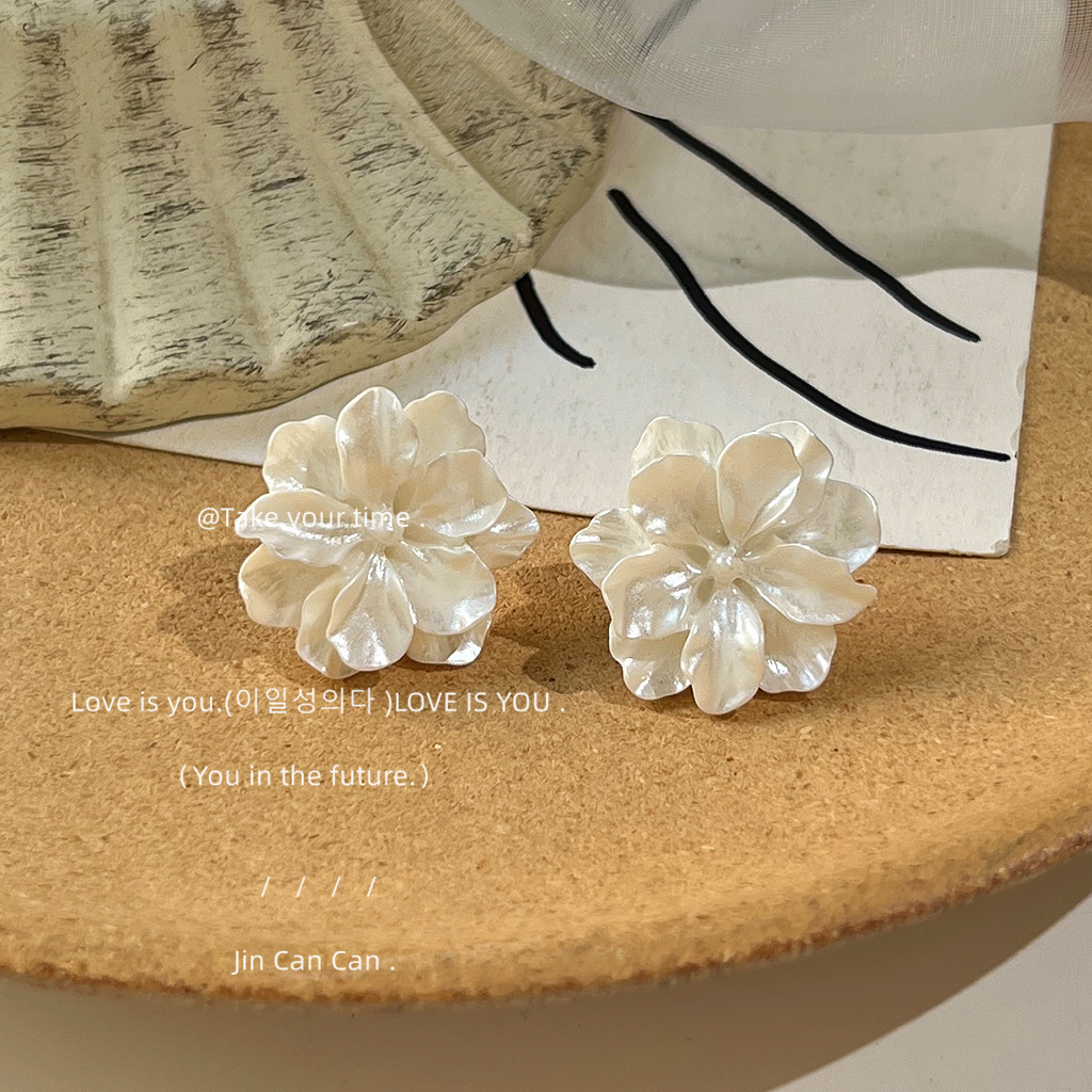 White pearl flower 925 silver needle camellia stud earrings, elegant and ethereal forest-style earrings, photo accessories pic 5