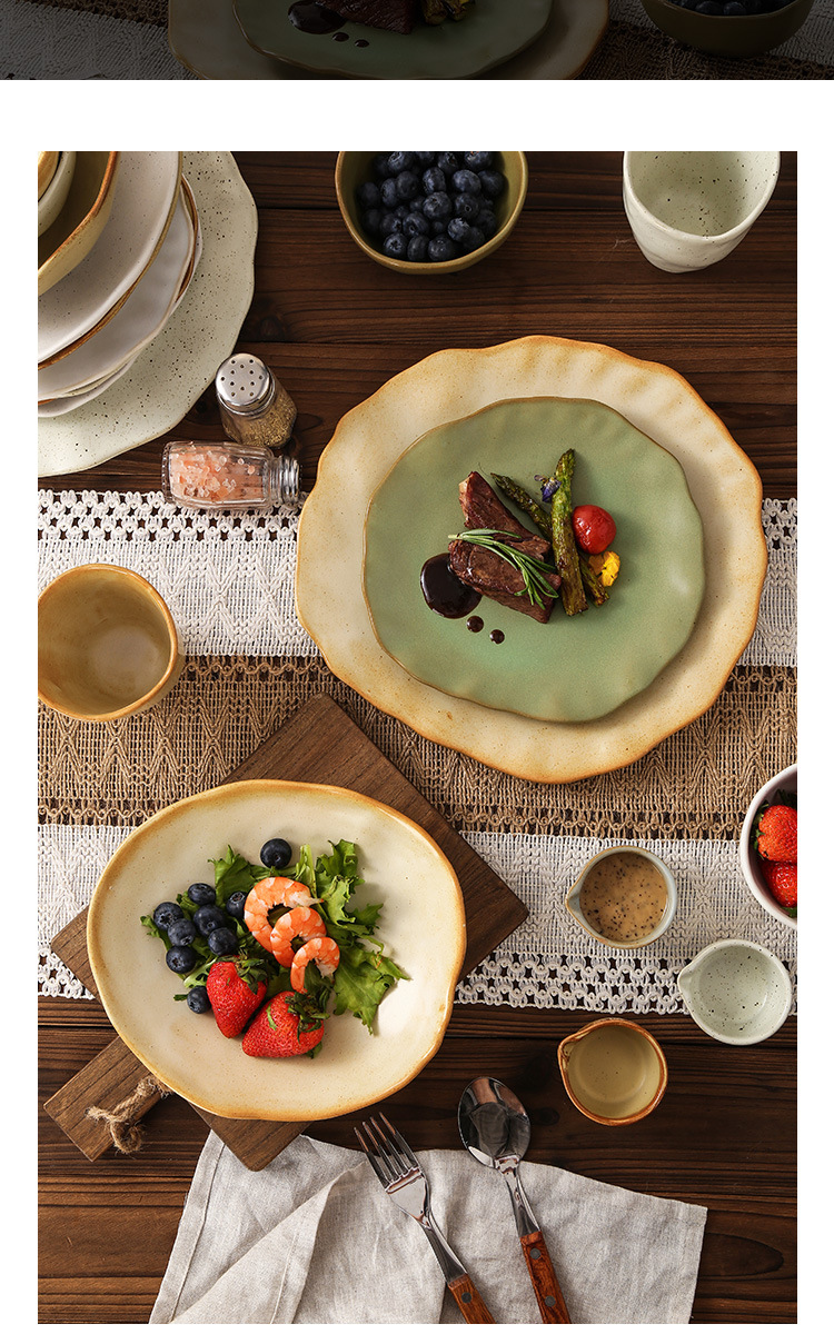 Retro-style rough pottery high-temperature resistant tableware, household vegetable plates, rice bowls, soup bowls, water cups, irregular-shaped kiln-transformed dinner plates, creative plating pic 3