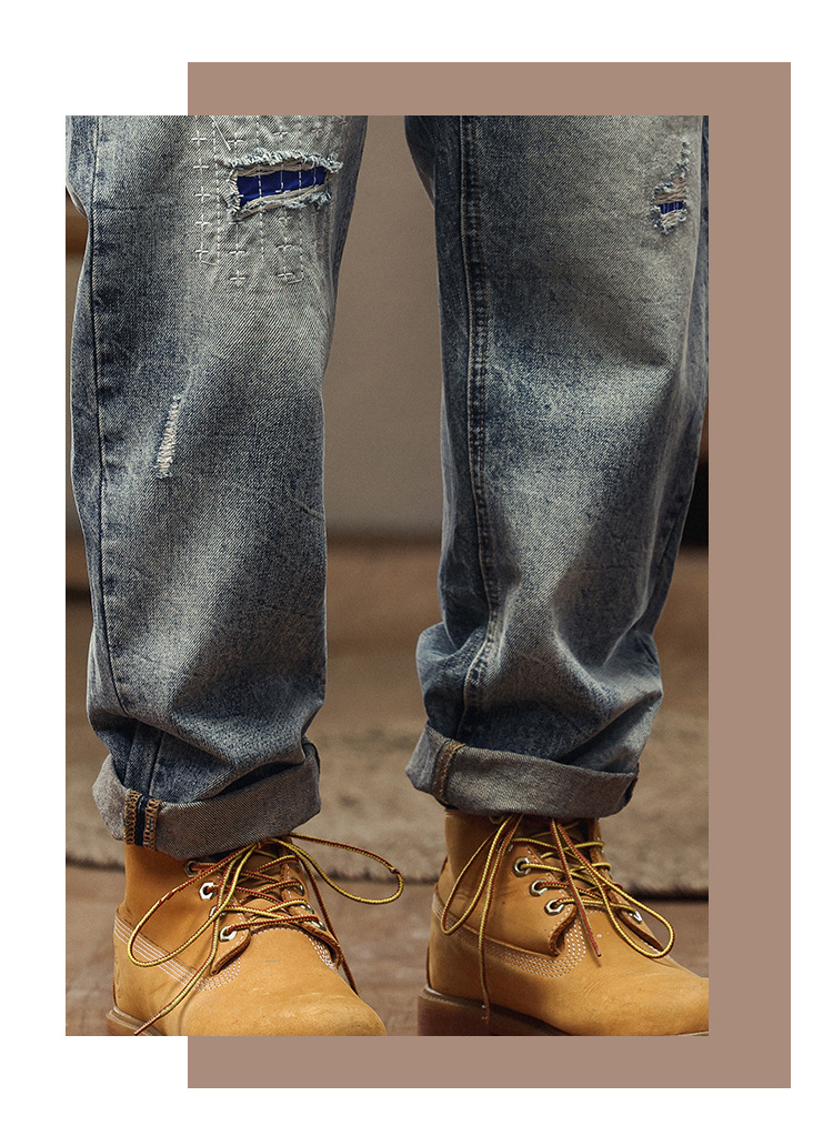 美式复古破洞牛仔裤男宽松直筒潮牌重磅水洗刺绣时尚哈伦男装长裤 男士时尚牛仔裤详情11