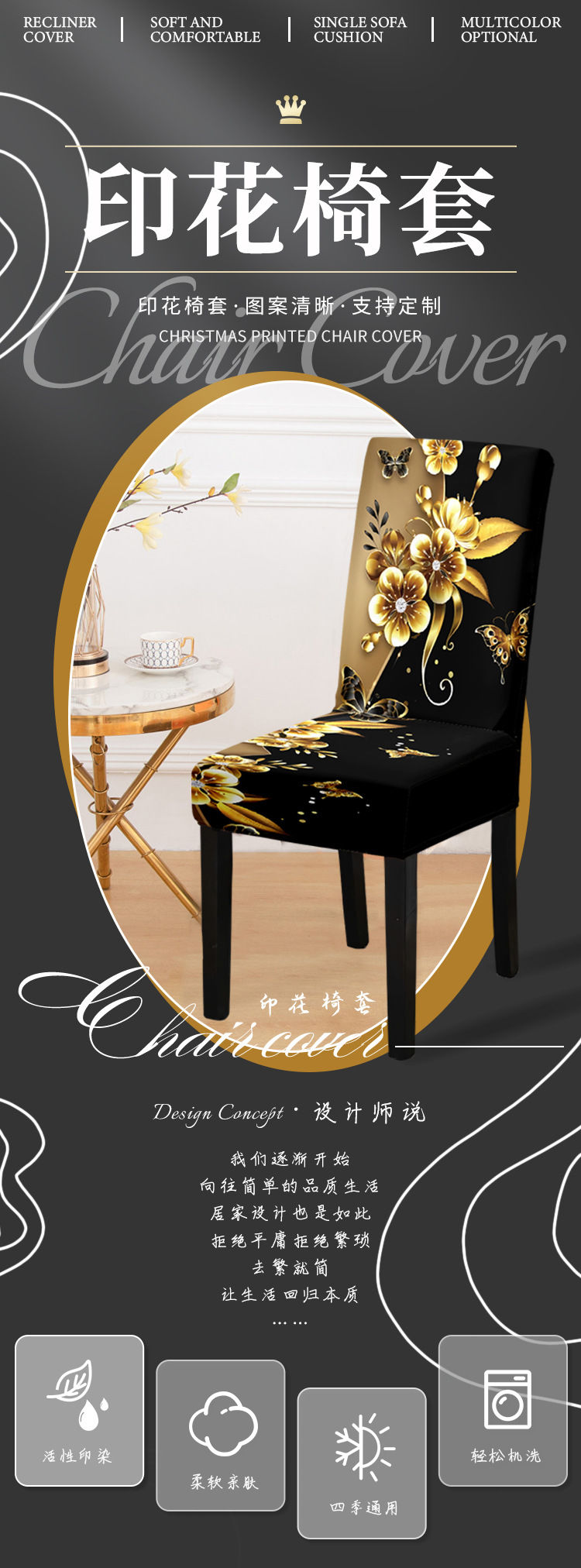 TEMU热卖印花椅子套全包牛奶丝数码印家用防尘装饰弹力餐椅套跨境详情1