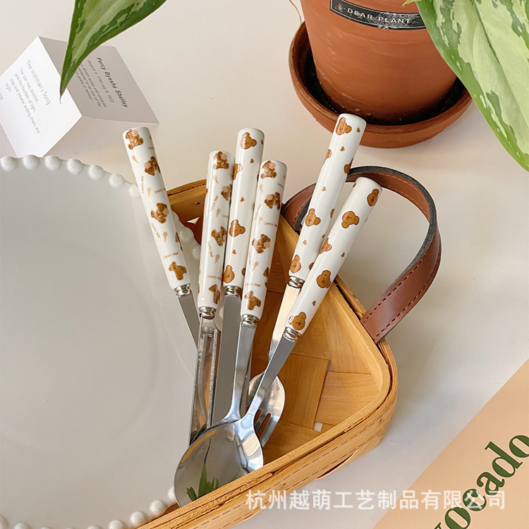 ins风博主同款日韩棋盘格刀叉勺子西餐甜品餐具套装牛排刀不锈钢详情8