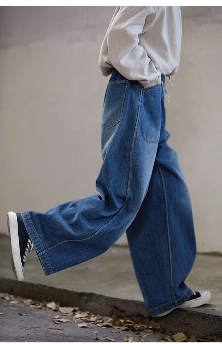 2025新款秋冬海蓝色纯棉加厚宽松休闲文艺阔腿裤松紧腰弯刀牛仔裤详情4