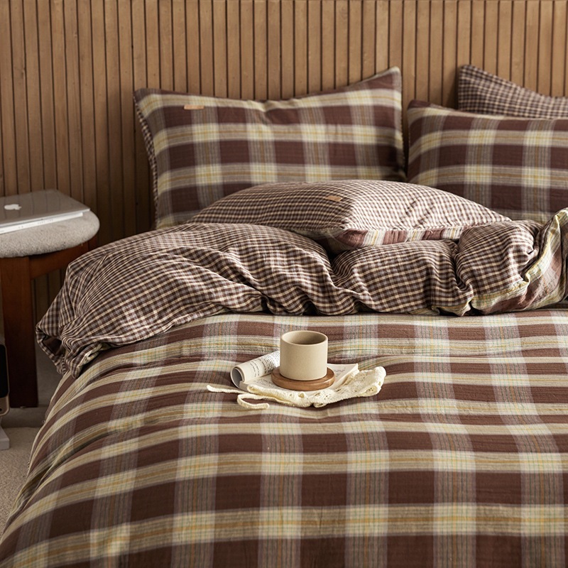 All-cotton Class A double-layer yarn four-piece set, double-layer yarn quilt cover and bed sheet four-piece set, pure cotton double-layer yarn checkered four-piece set pic 19