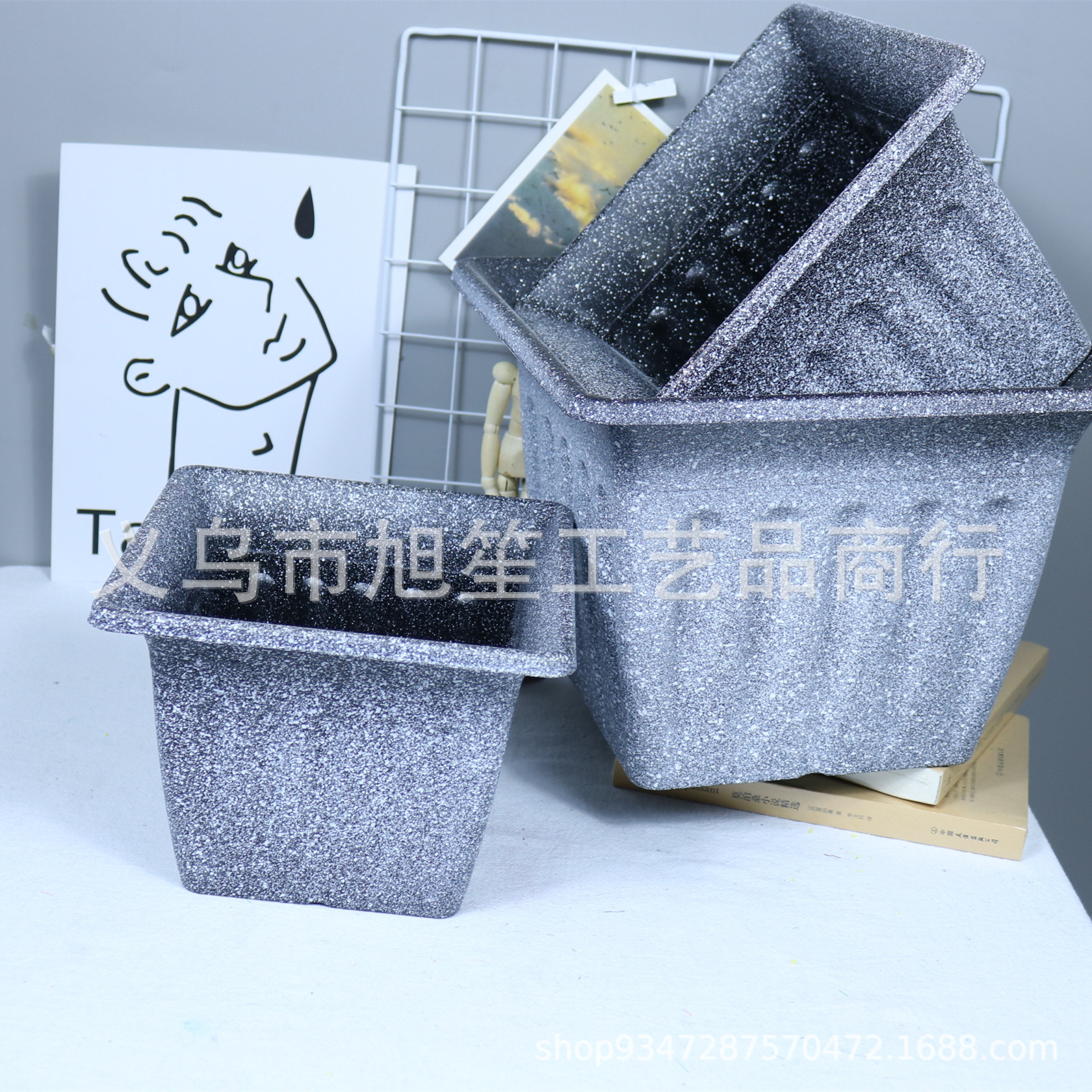 Golden square large-diameter light luxury balcony flower pot decoration, spray-painted hotel ornaments, garden plastic flower POTS pic 4