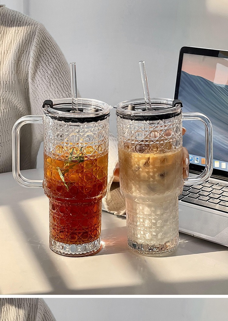 Creative large-capacity glass cups, handle beverages, cola cups, transparent covered straw cups, household double-drinking cups, water cups pic 7