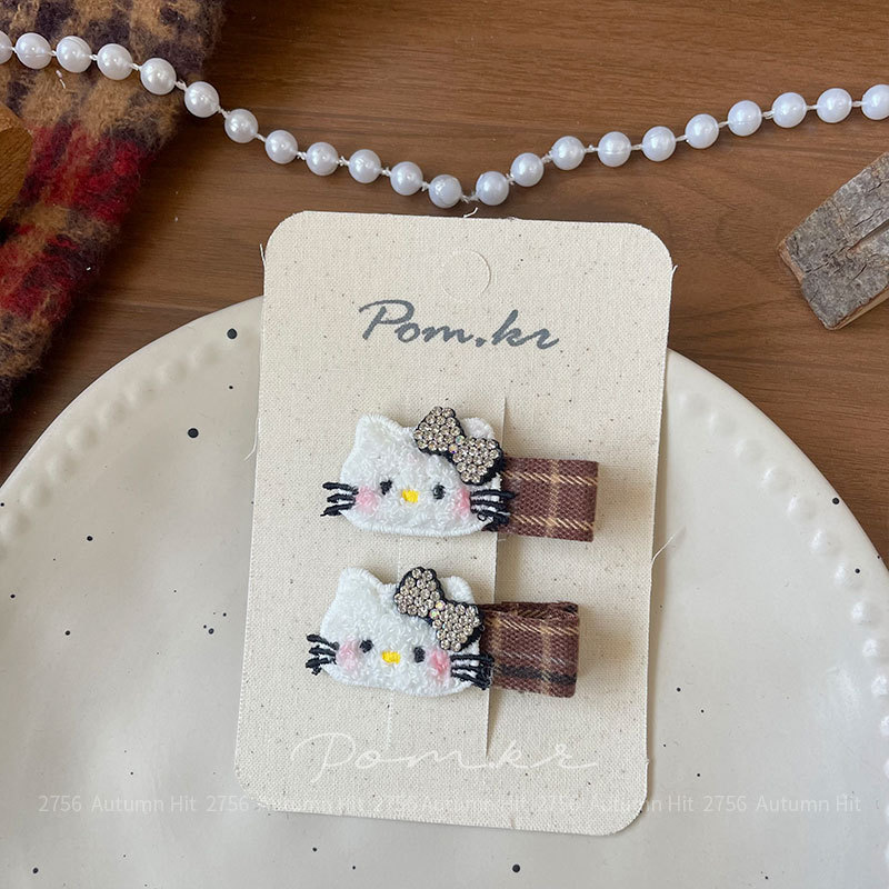 Korean version new cartoon KT children's hair clip, cute cat girl, sweet bangs, side clip, checkered embroidery, handcrafted Pom.kr knitted hair clip: checkered polka dot butterfly autumn and winter sweet girl, cute style headwear, matching hair accessory pic 7