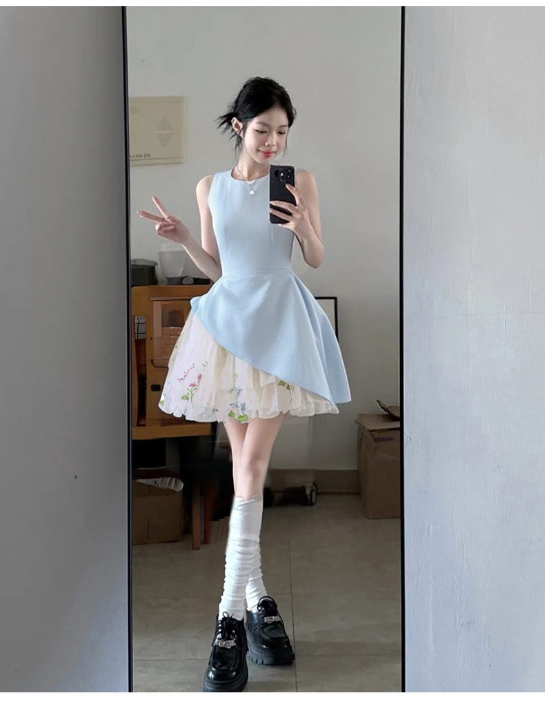 蓝色掐腰a字连衣裙无袖小裙子女夏季短裙蓬蓬裙短款夏日绝美生日详情19