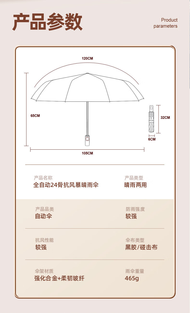 三丽鸥恒盾环扣24骨全自动晴雨伞黑色伞面带白色发光边缘详情19