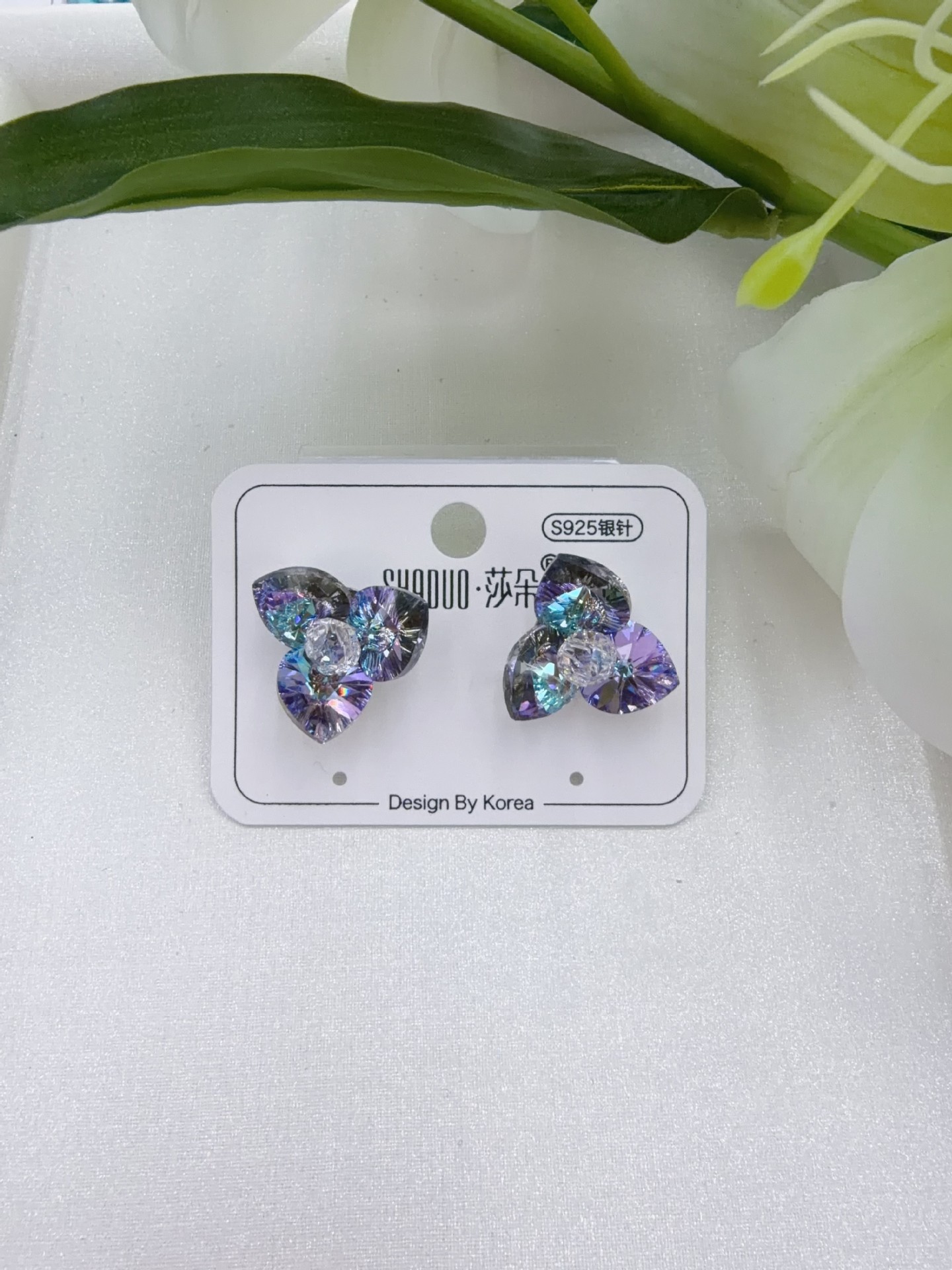 施家水晶奥地利S925银针韩系小巧精致三叶草耳环ins风女耳饰详情4