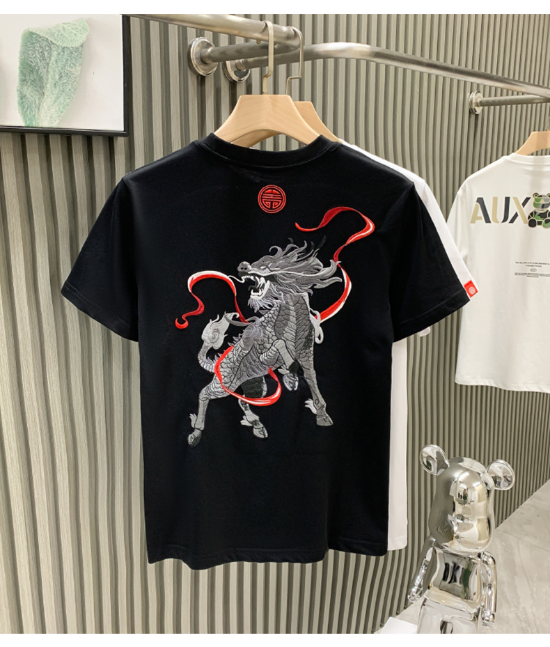 The new short-sleeved T-shirt for men in the summer of 2024 for the European station of the streetwear brand, featuring heavy industry Qilin embroidery, is a half-sleeved shirt for young people pic 3