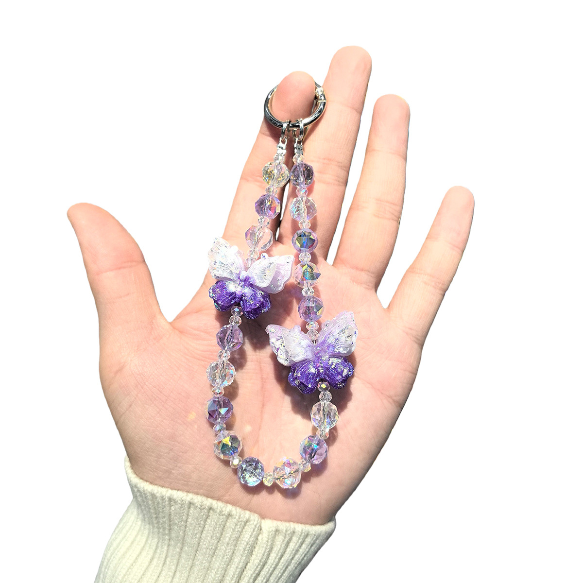 春日晕染梦幻闪粉蝴蝶手机链水晶串珠钥匙扣幻彩渐变手机包包挂饰详情3