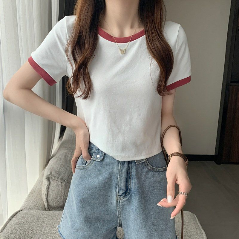 撞色圆领短袖t恤女2024年新款夏季打底衫韩版修身短款学生上衣潮详情18