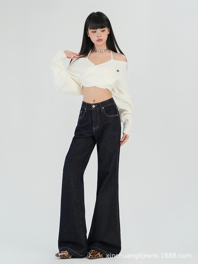 新塘牛仔之都美式丹宁蓝复古阔腿牛仔裤宽松显瘦不贴腿喇叭详情7