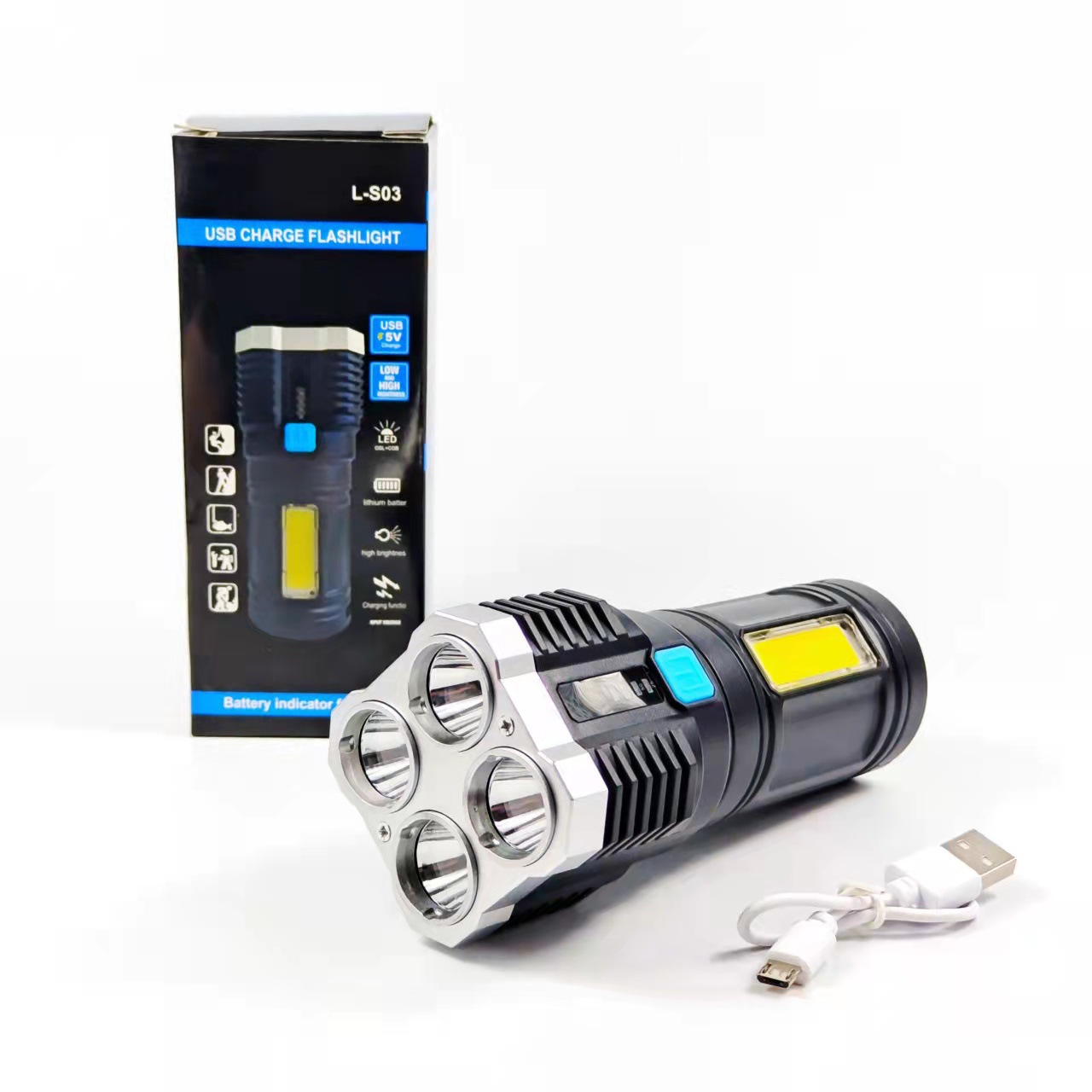 Wholesale of multi-functional outdoor LED high-intensity flashlight with battery level display, USB charging, COB side light flashlight pic 15