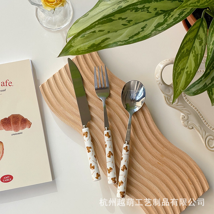 ins风博主同款日韩棋盘格刀叉勺子西餐甜品餐具套装牛排刀不锈钢详情9