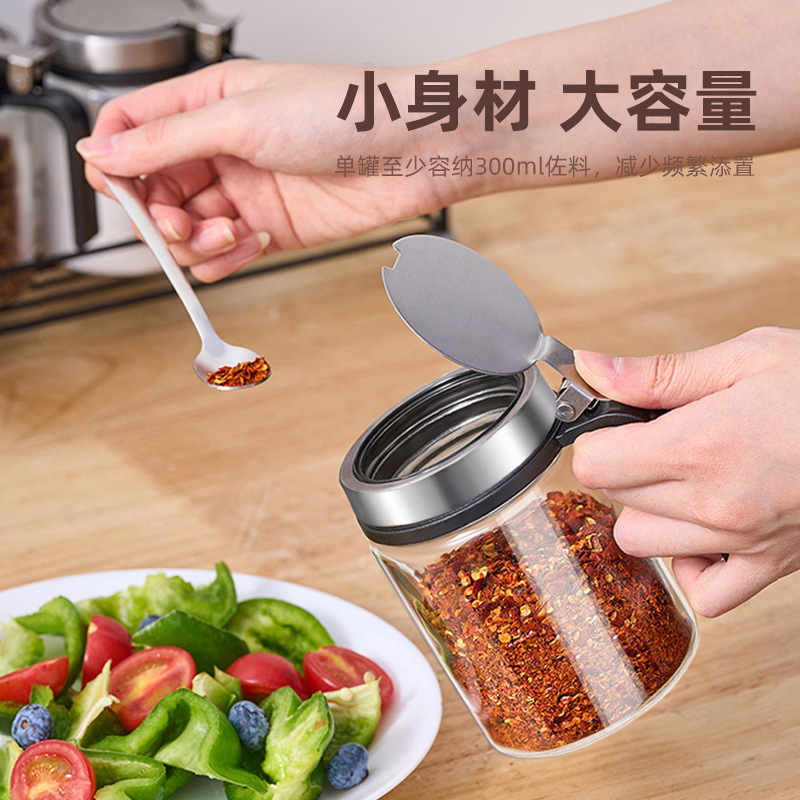 调料罐带勺佐料盒防潮玻璃盐巴罐不锈钢弹簧盖调味瓶厨房家用套装详情6