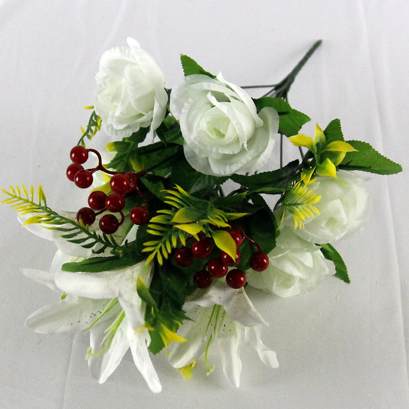 跨境仿真玫瑰花婚庆百合发财果冬青果12头仙桃玫仿真绢花家居花艺详情11