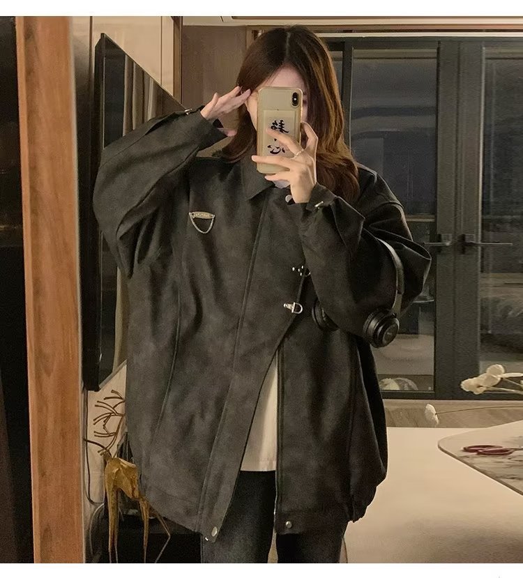 美式复古翻领外套女chic春秋潮流休闲宽松设计感PU皮学生夹克上衣详情17