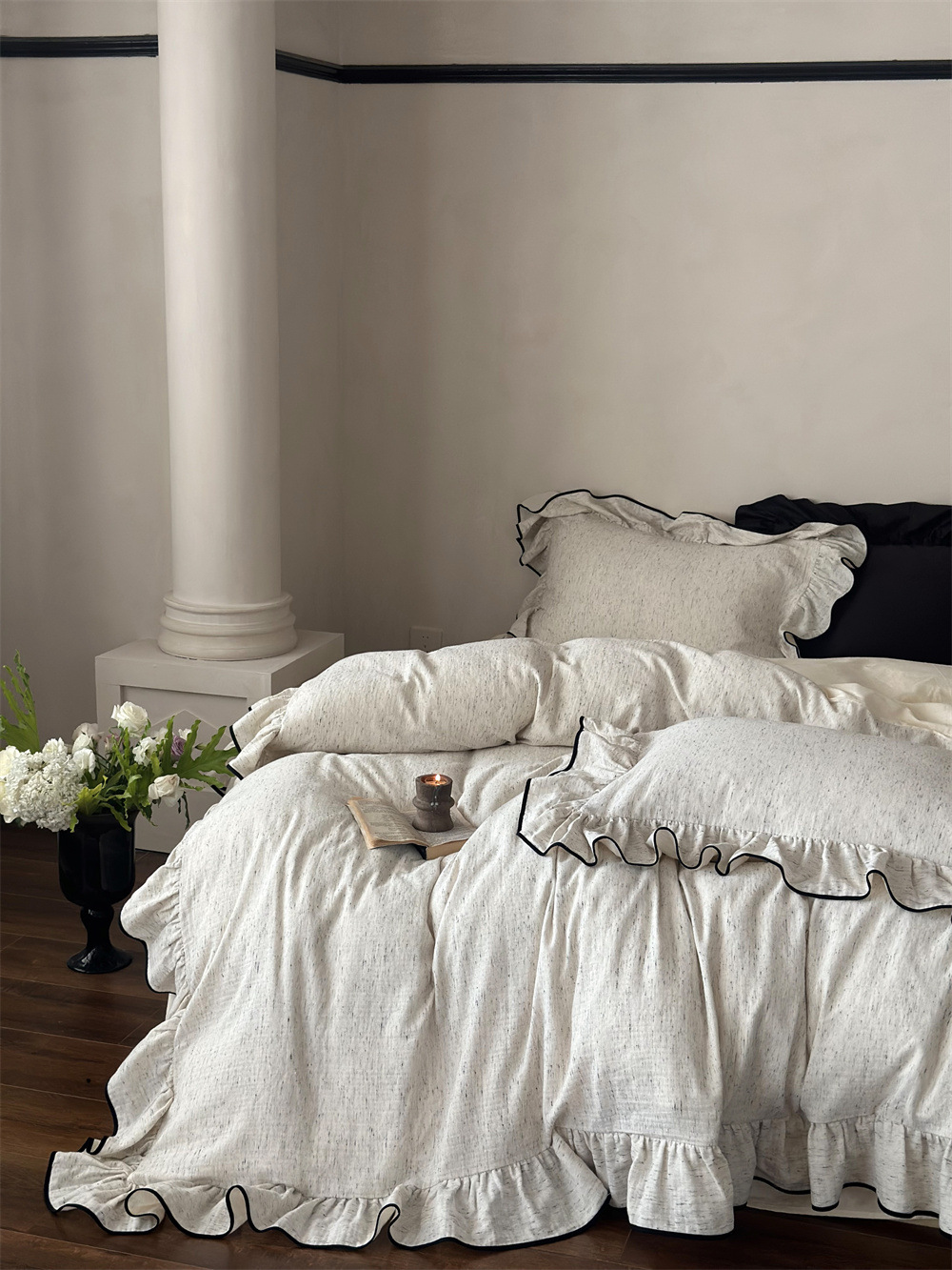French-style high-grade dyed all-cotton double-layer yarn four-piece set, pure cotton black fringed lace duvet cover, princess-style naked sleeping bed sheet pic 6