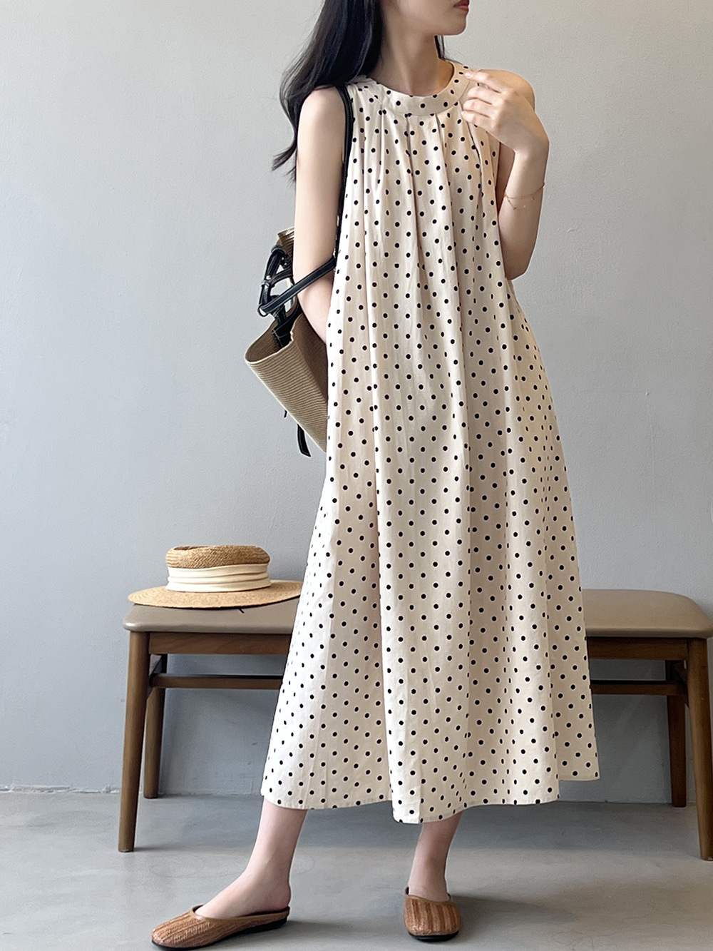言双 波点无袖连衣裙2024夏季新款韩系圆领a字气质背心裙82016 pic 29