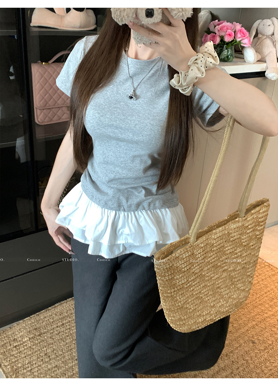 法式荷叶花边下摆拼接白色短袖t恤女夏季设计感修身正肩小衫上衣详情16