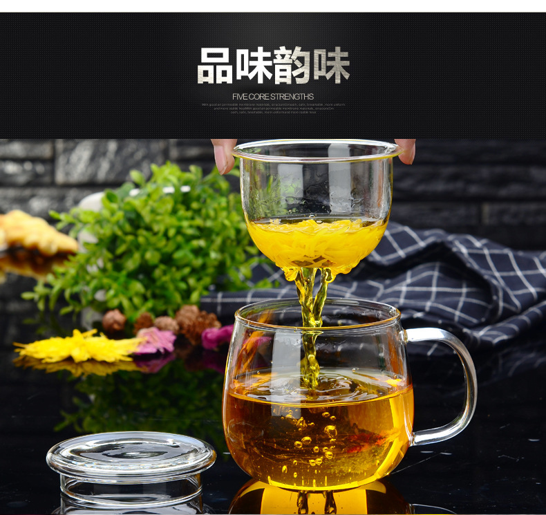 High borosilicate heat-resistant glass cups, covered filter water cups, flower tea cups, transparent round fun tea brewing cups, three-piece cups for office use pic 3